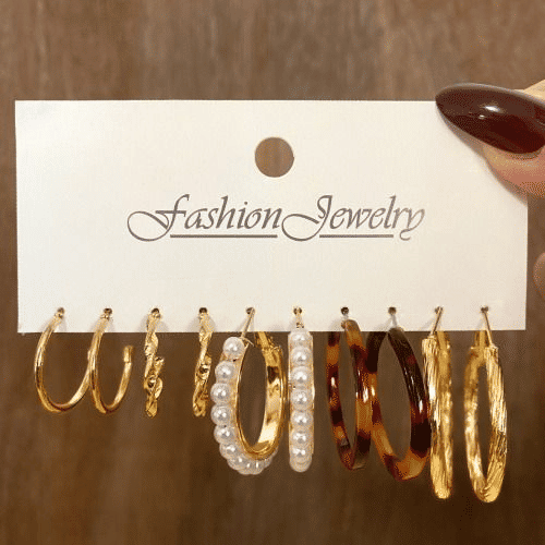 PINCHUAN Vintage 5-Pair Women's Hoop & Stud Earring Set, Leopard & Pearl Styles