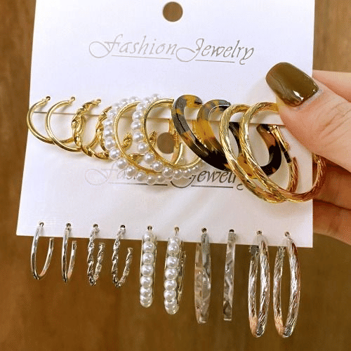 PINCHUAN Vintage 5-Pair Women's Hoop & Stud Earring Set, Leopard & Pearl Styles