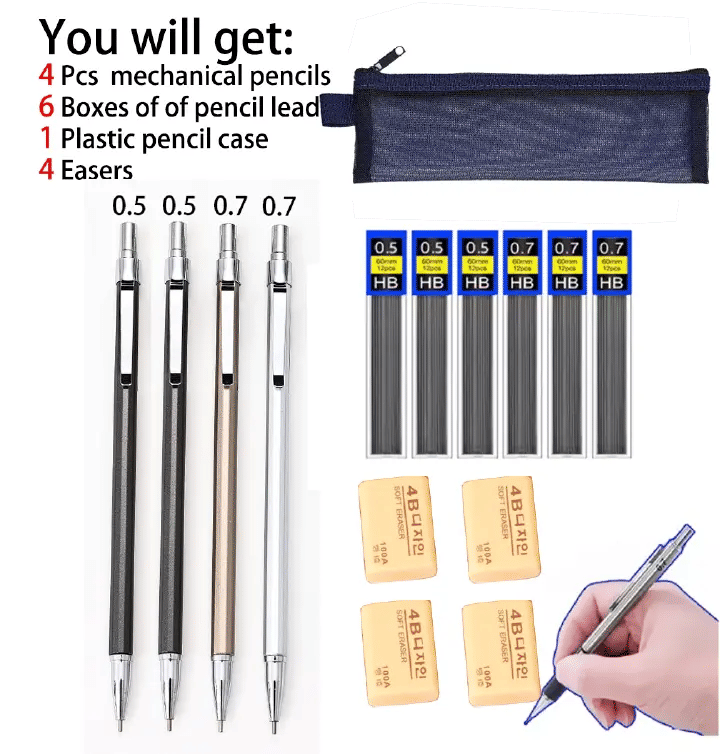Mechanical Pencil Set 15-Piece Drawing Kit with Lead Refills Erasers Case
