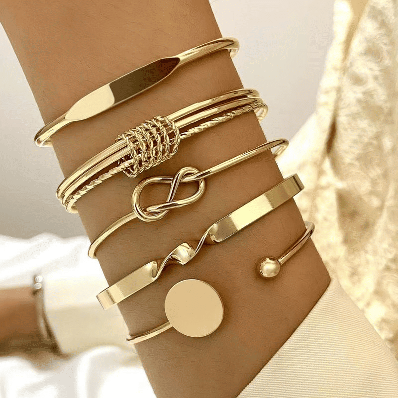 Personalized Minimalist Chain Bangle Bracelet Set: Retro Glossy Geometric Hand Jewelry