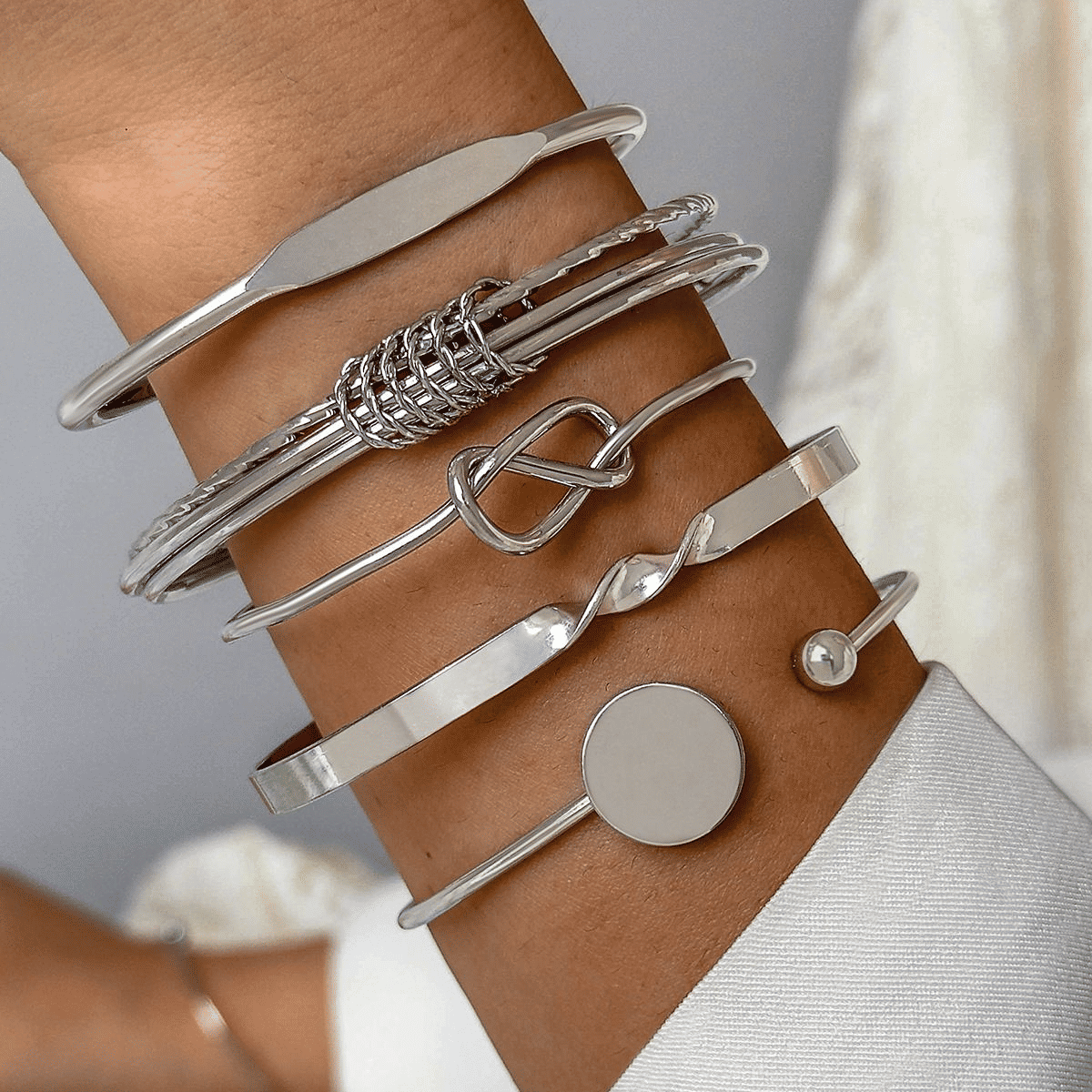 Personalized Minimalist Chain Bangle Bracelet Set: Retro Glossy Geometric Hand Jewelry