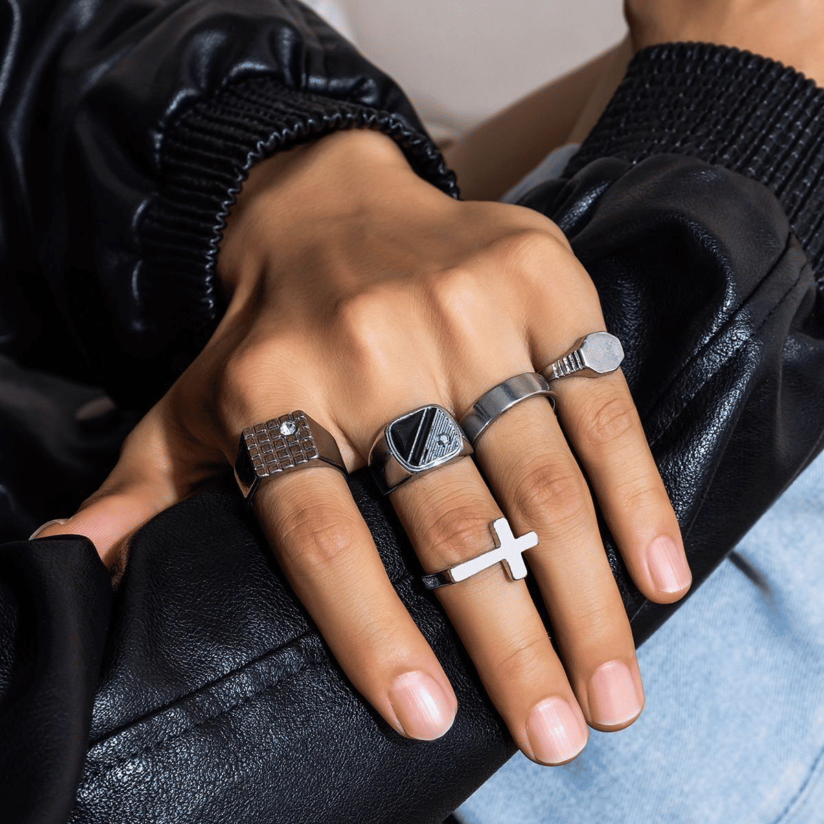 5Pcs Diamond-studded Square Retro Fashion Personalized Titanium Steel Men's Ring Set