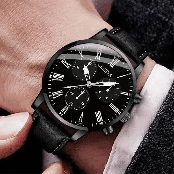 Men's Quartz Watch & Leather Bracelet Set 2Pcs Simple Business Digital Display