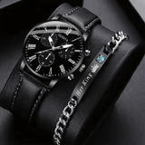 Men's Quartz Watch & Leather Bracelet Set 2Pcs Simple Business Digital Display