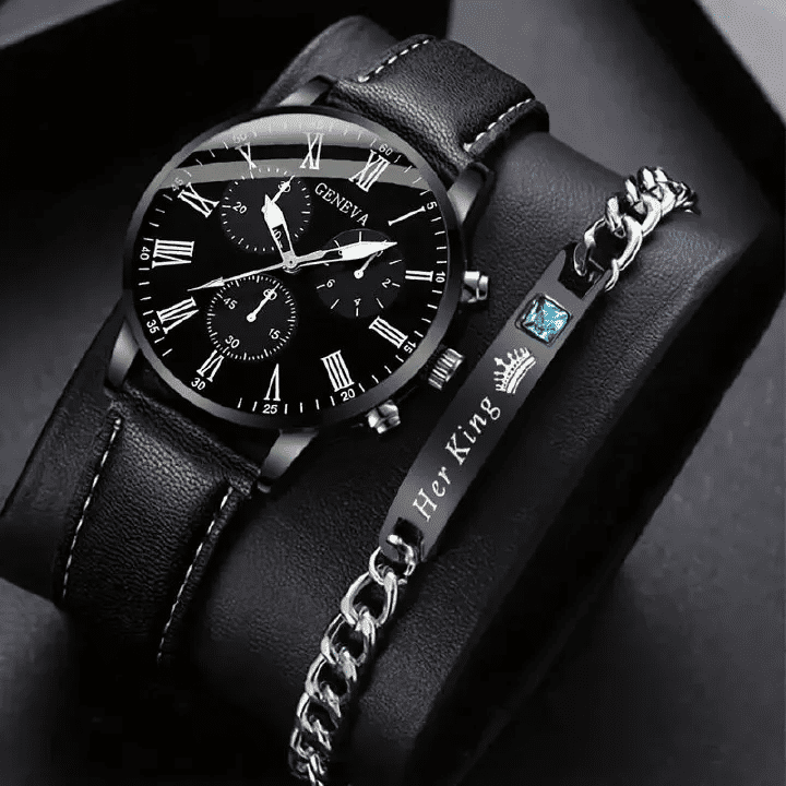Men's Quartz Watch & Leather Bracelet Set 2Pcs Simple Business Digital Display