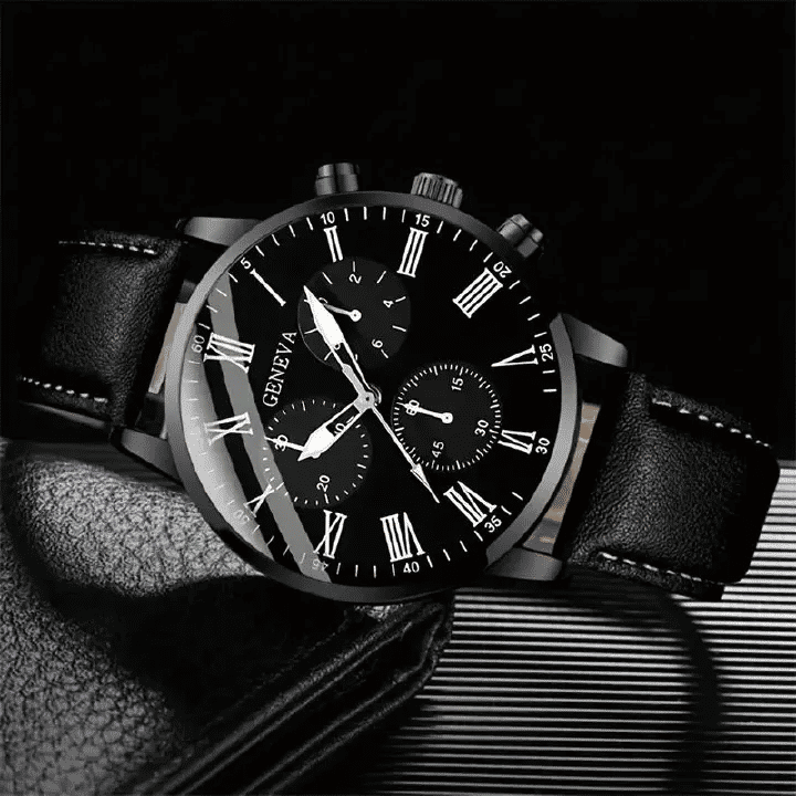 Men's Quartz Watch & Leather Bracelet Set 2Pcs Simple Business Digital Display