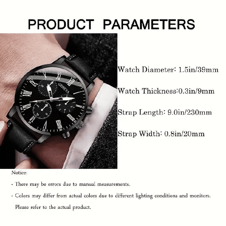 Men's Quartz Watch & Leather Bracelet Set 2Pcs Simple Business Digital Display