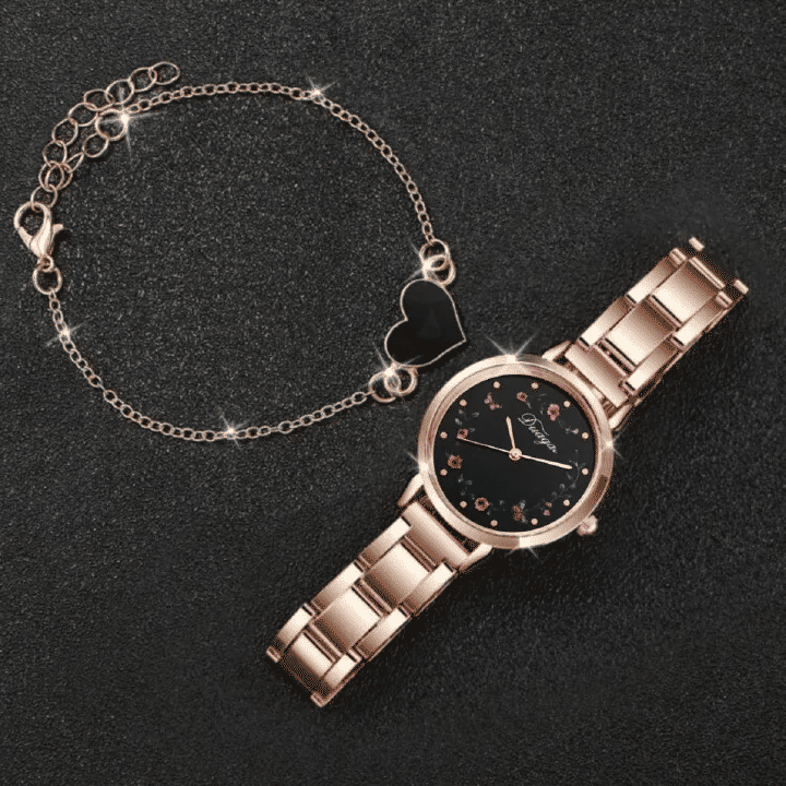 2-Piece Women's Flower Butterfly Disc Alloy Love Bracelet Wrist Watch Set Rose Gold