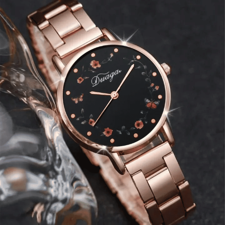 2-Piece Women's Flower Butterfly Disc Alloy Love Bracelet Wrist Watch Set Rose Gold