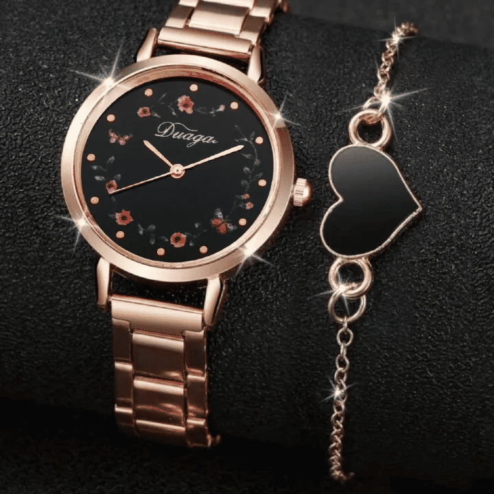 2-Piece Women's Flower Butterfly Disc Alloy Love Bracelet Wrist Watch Set Rose Gold