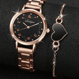 2-Piece Women's Flower Butterfly Disc Alloy Love Bracelet Wrist Watch Set Rose Gold
