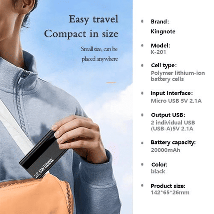 KingNote 20000mAh Fast Charge Portable Power Bank Dual USB