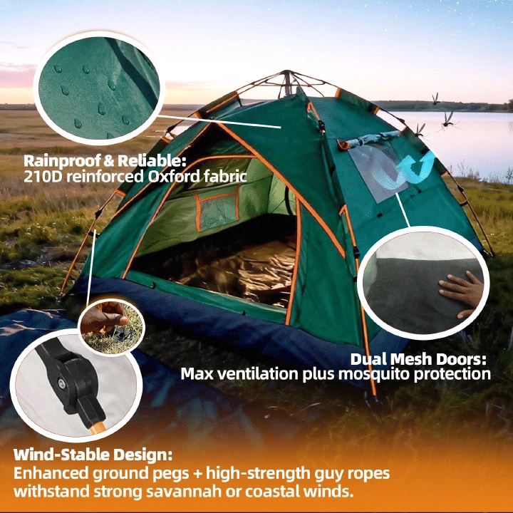 Solo Adventure Set 2m×2m Automatic Camping Tent 2 Doors 2 Windows Portable Picnic Chair