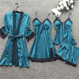 Luxury 4-Piece Satin Pajama Set: V-Neck Lace Camisole, Nightgown & Robe
