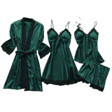 Luxury 4-Piece Satin Pajama Set: V-Neck Lace Camisole, Nightgown & Robe
