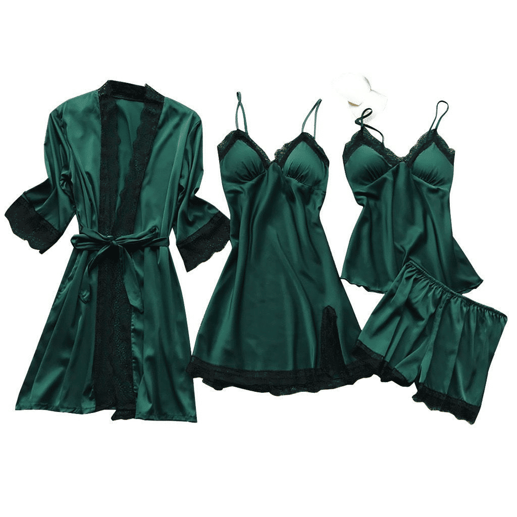 Luxury 4-Piece Satin Pajama Set: V-Neck Lace Camisole, Nightgown & Robe