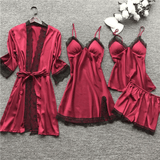 Luxury 4-Piece Satin Pajama Set: V-Neck Lace Camisole, Nightgown & Robe