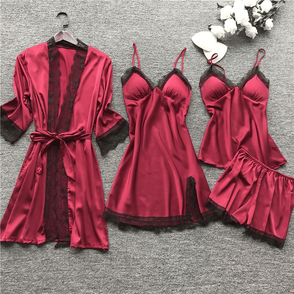 Luxury 4-Piece Satin Pajama Set: V-Neck Lace Camisole, Nightgown & Robe