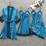 Luxury 4-Piece Satin Pajama Set: V-Neck Lace Camisole, Nightgown & Robe