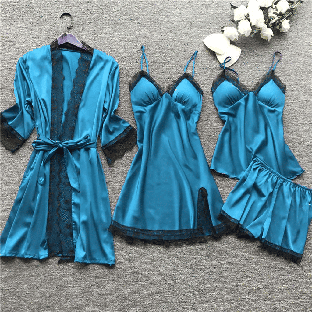 Luxury 4-Piece Satin Pajama Set: V-Neck Lace Camisole, Nightgown & Robe