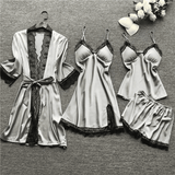 Luxury 4-Piece Satin Pajama Set: V-Neck Lace Camisole, Nightgown & Robe
