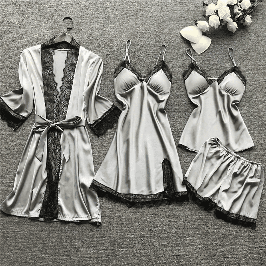 Luxury 4-Piece Satin Pajama Set: V-Neck Lace Camisole, Nightgown & Robe
