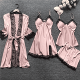 Luxury 4-Piece Satin Pajama Set: V-Neck Lace Camisole, Nightgown & Robe