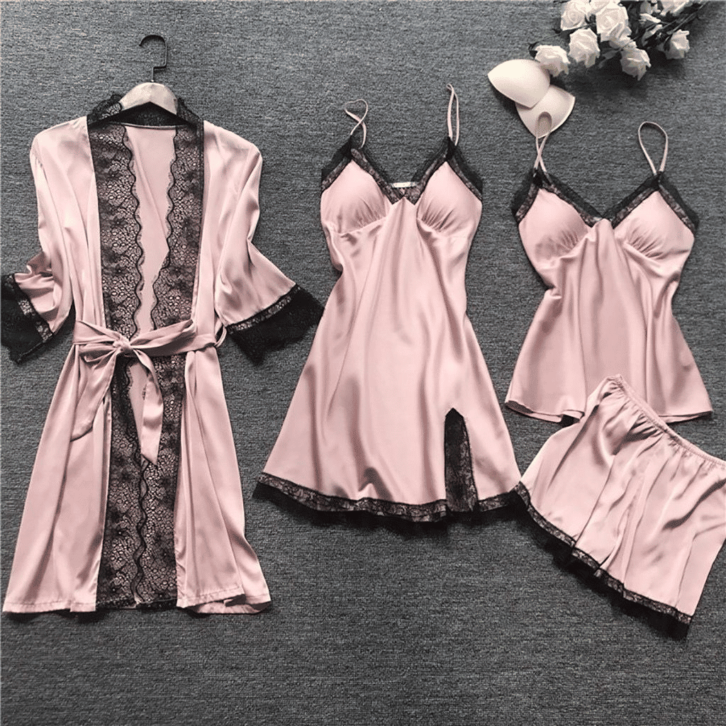 Luxury 4-Piece Satin Pajama Set: V-Neck Lace Camisole, Nightgown & Robe