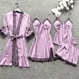 Luxury 4-Piece Satin Pajama Set: V-Neck Lace Camisole, Nightgown & Robe