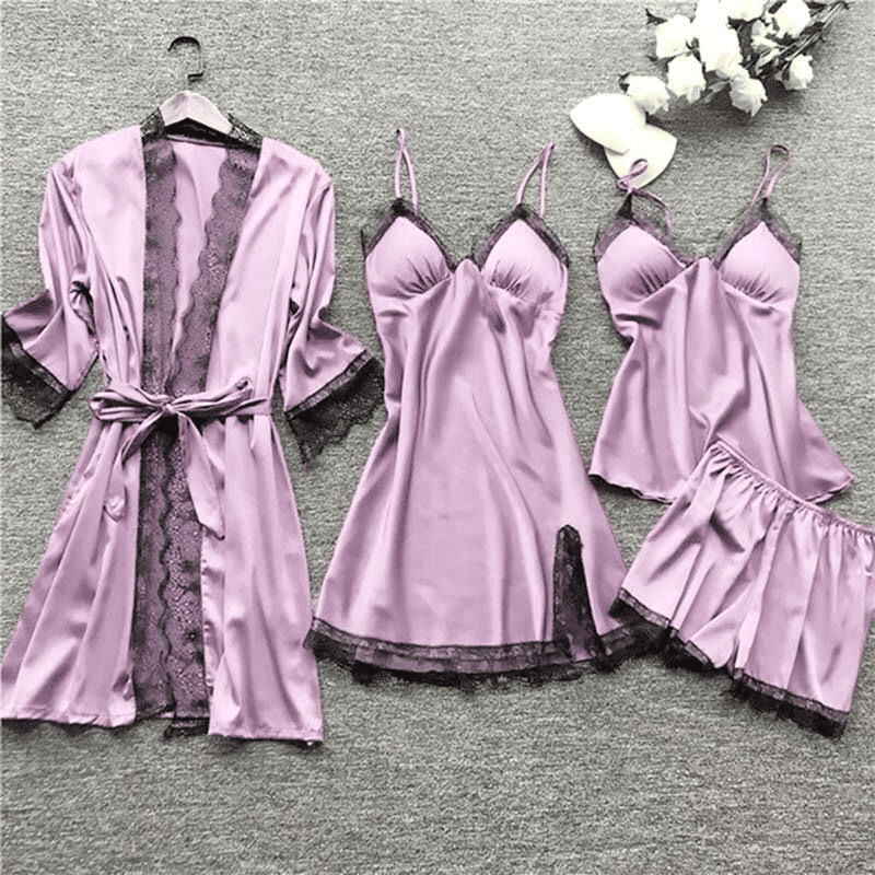 Luxury 4-Piece Satin Pajama Set: V-Neck Lace Camisole, Nightgown & Robe