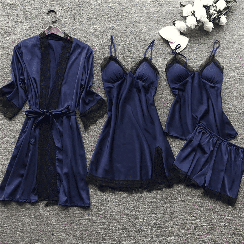 Luxury 4-Piece Satin Pajama Set: V-Neck Lace Camisole, Nightgown & Robe