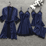 Luxury 4-Piece Satin Pajama Set: V-Neck Lace Camisole, Nightgown & Robe
