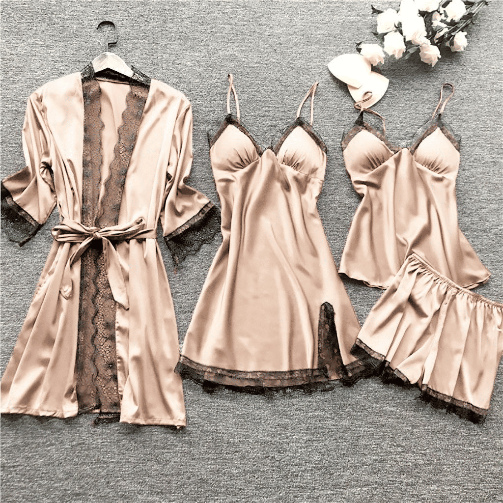 Luxury 4-Piece Satin Pajama Set: V-Neck Lace Camisole, Nightgown & Robe