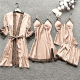 Luxury 4-Piece Satin Pajama Set: V-Neck Lace Camisole, Nightgown & Robe