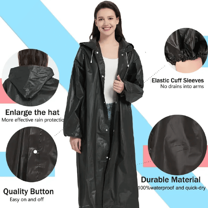EVA Rain Poncho 1-Piece Full-Body Coverall for Adults Windproof Waterproof Outdoor Cycling Hiking Black