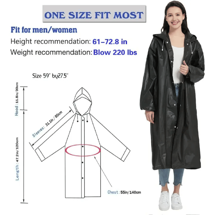 EVA Rain Poncho 1-Piece Full-Body Coverall for Adults Windproof Waterproof Outdoor Cycling Hiking Black