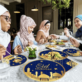 Eid Mubarak Ramadan Moon Party Tableware 40-Piece Disposable Set for 8 Blue Gold