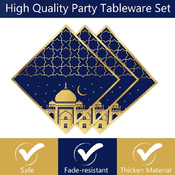 Eid Mubarak Ramadan Moon Party Tableware 40-Piece Disposable Set for 8 Blue Gold