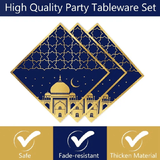 Eid Mubarak Ramadan Moon Party Tableware 40-Piece Disposable Set for 8 Blue Gold