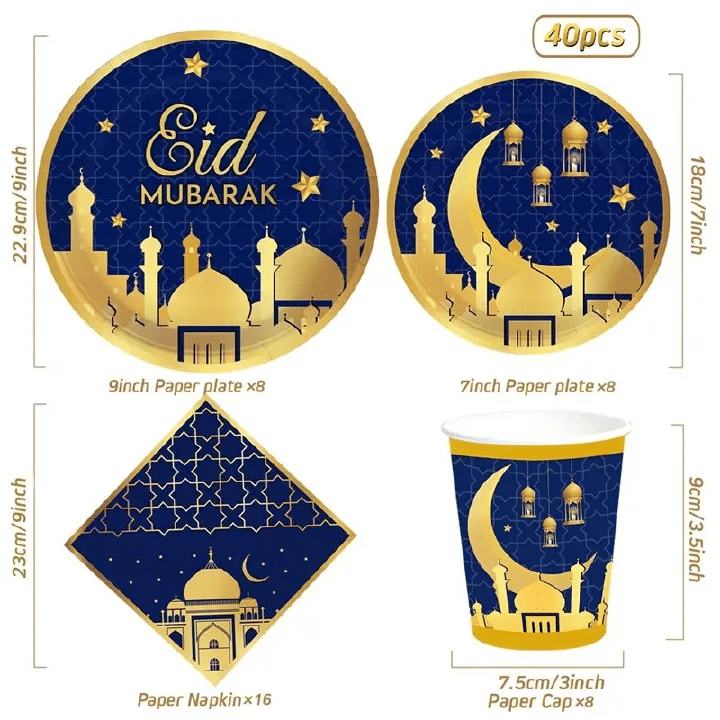 Eid Mubarak Ramadan Moon Party Tableware 40-Piece Disposable Set for 8 Blue Gold