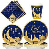 Eid Mubarak Ramadan Moon Party Tableware 40-Piece Disposable Set for 8 Blue Gold