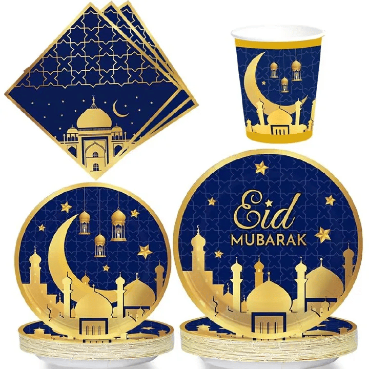 Eid Mubarak Ramadan Moon Party Tableware 40-Piece Disposable Set for 8 Blue Gold