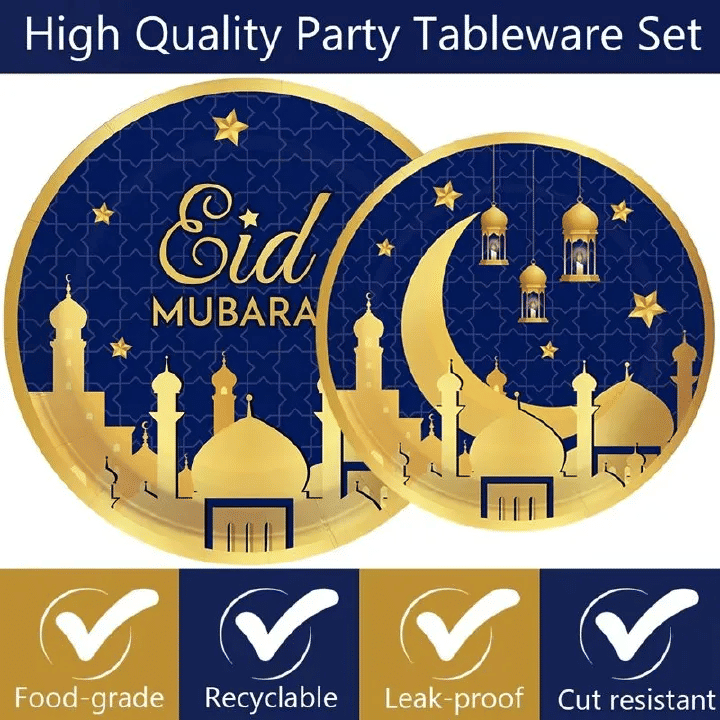 Eid Mubarak Ramadan Moon Party Tableware 40-Piece Disposable Set for 8 Blue Gold