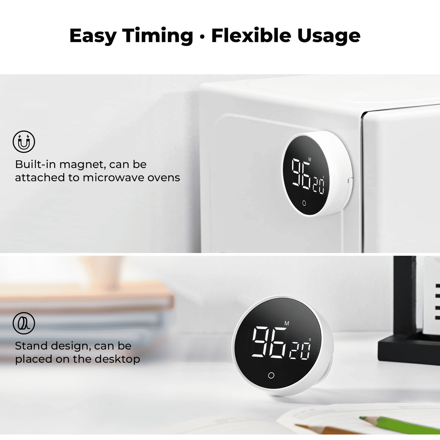Magnetic Digital Kitchen Timer, Large LED Visual Countdown Timer, Adjustable Volume