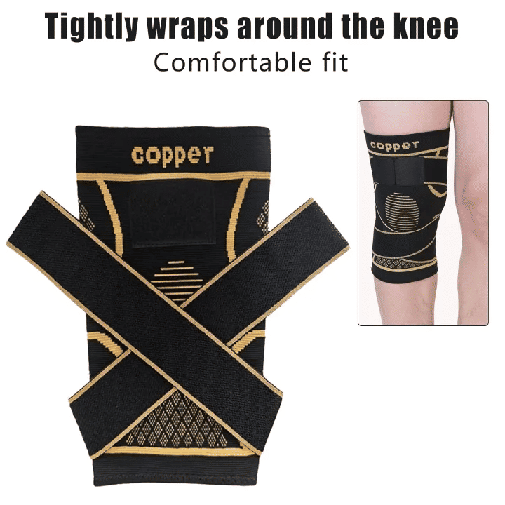 Copper Knee Brace with Strap Black Compression Sleeve for Stability Nylon Blend
