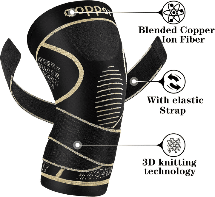 Copper Knee Brace with Strap Black Compression Sleeve for Stability Nylon Blend