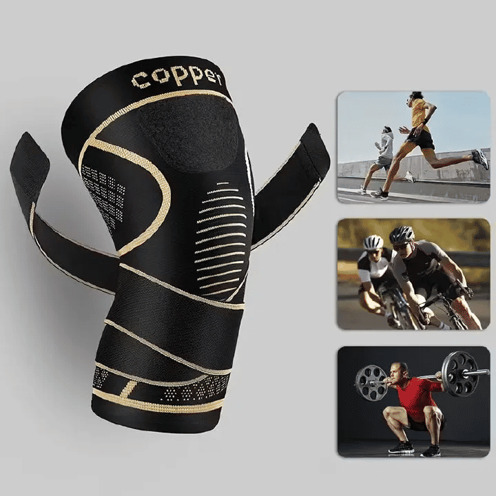 Copper Knee Brace with Strap Black Compression Sleeve for Stability Nylon Blend
