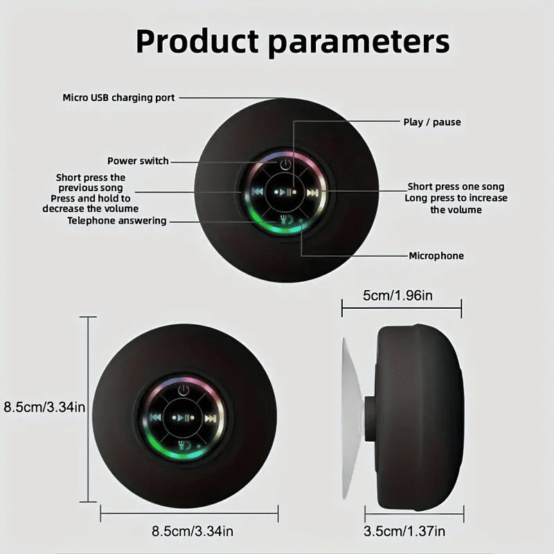 IPX4 Waterproof Mini LED Bathroom Speaker, USB Charging, 5.0 Surround Sound