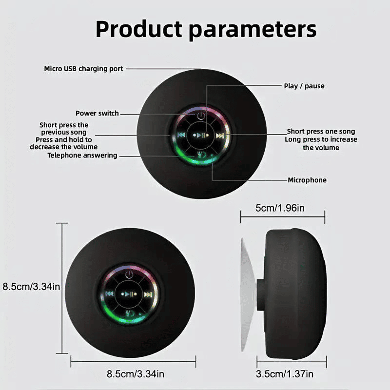 IPX4 Waterproof Mini LED Bathroom Speaker, USB Charging, 5.0 Surround Sound