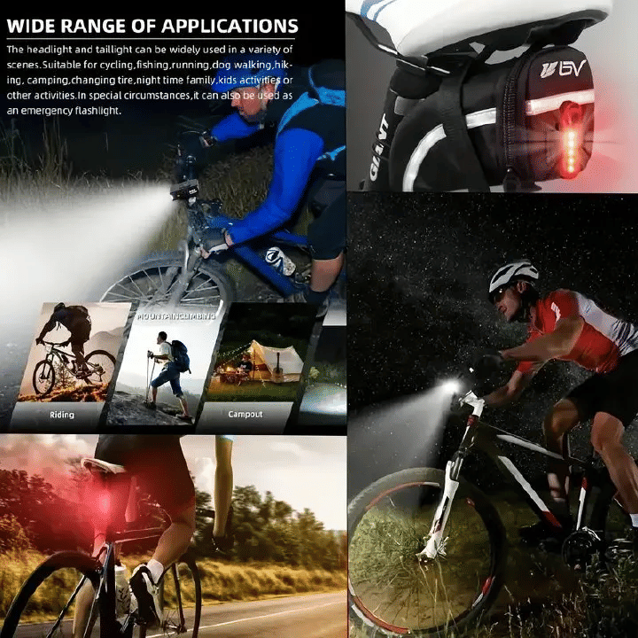 LED USB Rechargeable Bike Headlight And Taillight Set Handlebar Mount High Brightness For Night Riding